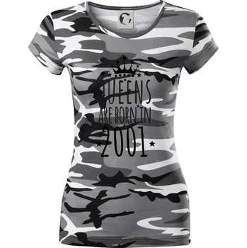 Dámské tričko Queens are born in 2001 - Dámské maskáčové triko - S ( Šedý maskáč )