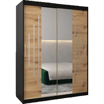 Šatní skříň Šatní skříň s posuvnými dveřmi a dvoudílným zrcadlem YORK1 - 150x200cm -Černá-Dub Artisan-