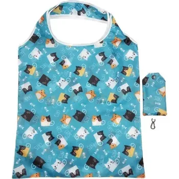 Nákupní taška Skládací nákupní taška 38 x 40 cm Modrá taška s potiskem koček Kompaktní taška do kapsy 7,5 x 12,5 cm Nylonová taška s poutkem