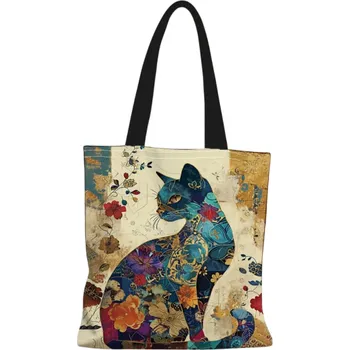 Nákupní taška Látková taška s květinovým motivem kočky z pevné lněné tkaniny 40x40 cm