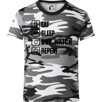 Chlapecké tričko Eat sleep buy watch reapeat - Dětské maskáčové triko - 104-110cm / 3-4 roky ( Šedý maskáč )