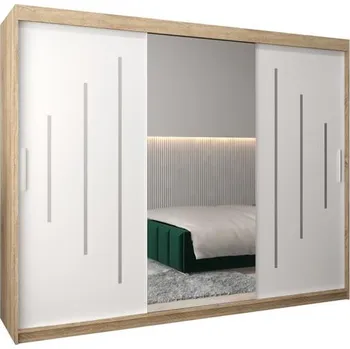 Šatní skříň Šatní skříň s posuvnými dveřmi a dvoudílným zrcadlem YORK1 - 250x200cm -Dub Sonoma-Bílá-