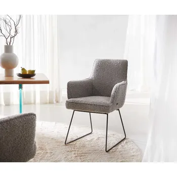 Jídelní židle DELIFE Jídelní židle Heira-Flex s područkami bouclé stříbrně šedá tenká podnož černá taštičkové pružiny