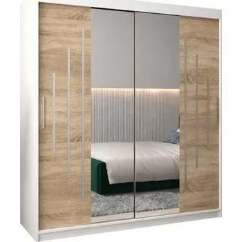 Šatní skříň Šatní skříň s posuvnými dveřmi a dvoudílným zrcadlem YORK1 - 180x200cm -Bílá-Dub Sonoma-