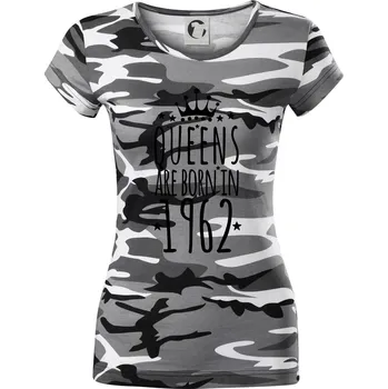 Dámské tričko Queens are born in 1962 - Dámské maskáčové triko - L ( Šedý maskáč )