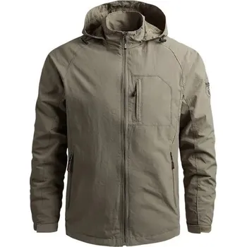 Pánská outdoorová bunda s kapucí Nepromokavá větrovka na zip s kapsami Lehká turistická bunda pro volný čas Sportovní bunda do přírody khaki XS