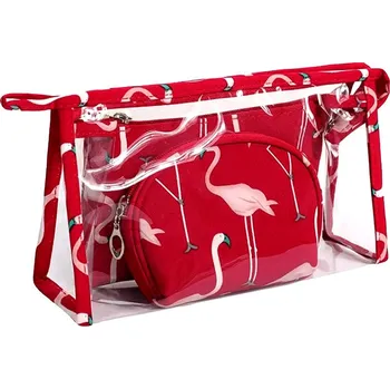 Kosmetická taška KUFRYPLUS Sada kosmetických tašek TB14442 červená s plameňáky