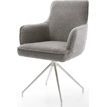 Jídelní židle DELIFE Jídelní židle Heira-Flex s područkami bouclé stříbrně šedá křížová podnož zúžená nerezová ocel 180° otočná taštičkové pružiny
