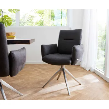 Jídelní židle DELIFE Jídelní židle Jova-Flex s područkami mikrovlákno antracit vintage křížová podnož široká nerezová ocel 360° otočná taštičkové pružiny