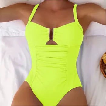 Dámské plavky Dámské jednodílné plavky se zeštíhlujícím efektem - jednobarevné (výstřih do U) Barva: neonově žlutá (U), Velikost: S