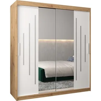 Šatní skříň Šatní skříň s posuvnými dveřmi a dvoudílným zrcadlem YORK1 - 180x200cm -Dub Artisan-Bílá-