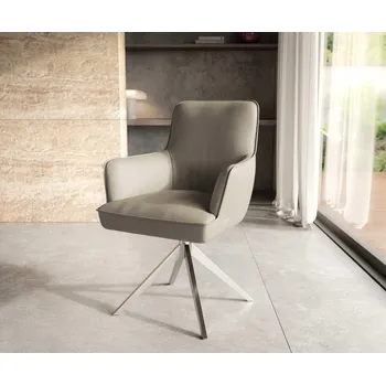 Jídelní židle DELIFE Jídelní židle Heira-Flex s područkami pravá kůže tmavě béžová křížová podnož široká nerezová ocel 360° otočná taštičkové pružiny