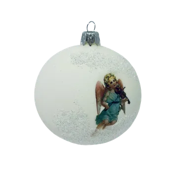 Vánoční ozdoba Irisa "Bílý andělský koncert: Skleněná ozdoba 8cm - Anděl hrající na housle (s dárkovou krabičkou) IRISA" Velikost: 7cm, Balení: 1ks, Barva: bílá