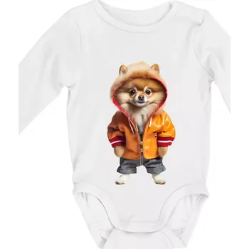 Kojenecký body Pomeranian v bundě - Body kojenecké s dlouhým rukávem - Dlouhý r. do 3 měs ( Bílá )