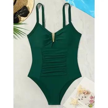 Dámské plavky Dámské jednodílné plavky se zeštíhlujícím efektem - jednobarevné (výstřih do V) Barva: tmavě zelená, Velikost: M