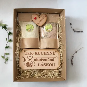 Dárkový potravinový koš Dárek do kuchyně - různé varianty věnování Věnování: Kamarádce, Obsah krabičky: Bylinková sůl + Levandulový cukr