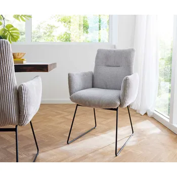 Jídelní židle DELIFE Jídelní židle Jova-Flex s područkami plyšový manšestr stříbrně šedá tenká podnož černá taštičkové pružiny