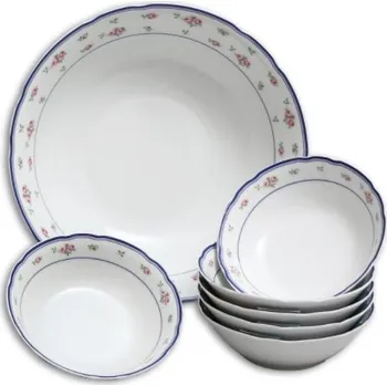 Nádobí Thun 1794 Rose, kompotová souprava, červené růžičky, český porcelán Thun, 7 d.