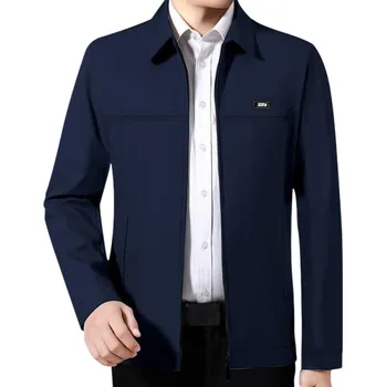Pánská elegantní bunda s límcem Lehká podzimní bunda na zip Stylová bunda do práce i města Jednobarevná bunda pro formální příležitosti modrá XS
