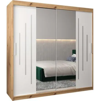 Šatní skříň Šatní skříň s posuvnými dveřmi a dvoudílným zrcadlem YORK1 - 200x200cm -Dub Artisan-Bílá-