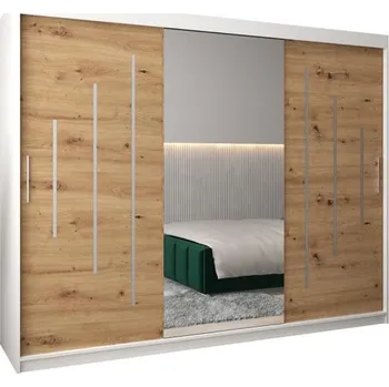 Šatní skříň Šatní skříň s posuvnými dveřmi a dvoudílným zrcadlem YORK1 - 250x200cm -Bílá-Dub Artisan-
