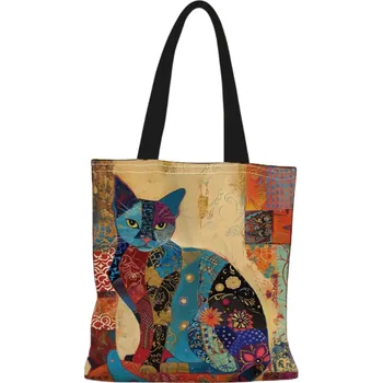 Nákupní taška Látková taška s etnickým motivem kočky z pevné lněné tkaniny 40x40 cm