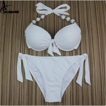 Dámské plavky Dámské dvoudílné push up plavky s korálky (mix barev a vzorů) Barva: bílá (solid white), Velikost: M