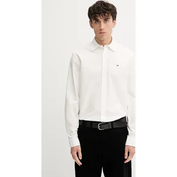 Pánská košile Bavlněná košile Tommy Jeans pánská, béžová barva, regular, s klasickým límcem, DM0DM22026 01X, vel. S