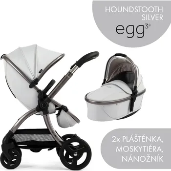 Kočárek Egg egg3® set 2 v 1 - Houndstooth Silver 2025 - Special Edition, kočárek s pláštěnkou, nánožníkem a moskytiérou + korba s pláštěnkou a matrací