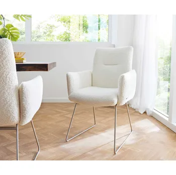 Jídelní židle DELIFE Jídelní židle Jova-Flex s područkami bouclé bílá tenká podnož nerezová ocel taštičkové pružiny