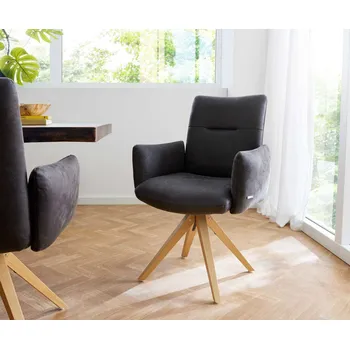 Jídelní židle DELIFE Jídelní židle Jova-Flex s područkami mikrovlákno antracit vintage dřevěná podnož hranatá přírodní 180° otočná taštičkové pružiny