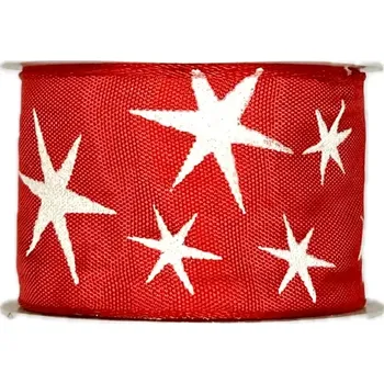 Stuha Stuha vánoční saténová STARS červená 40mm x 2m (14,- Kč/m) (Vánoční saténová stuha, lesklá, jednostranný bílý potisk, s drátkem v lemu)