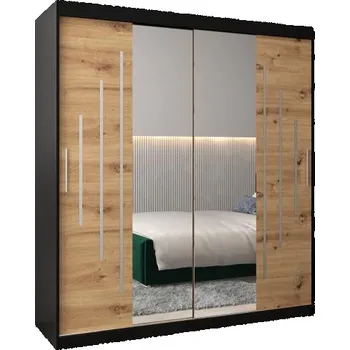 Šatní skříň Šatní skříň s posuvnými dveřmi a dvoudílným zrcadlem YORK1 - 180x200cm -Černá-Dub Artisan-