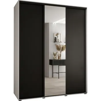 Šatní skříň Šatní skříň s posuvnými dveřmi a zrcadlem DAVOS 190cm | Bílá / černá / černé pojezdy