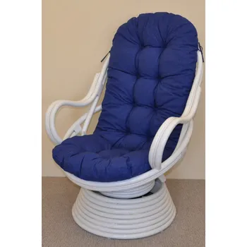 Křeslo Ratanové houpací křeslo SWIVEL bílé polstr modrý melír
