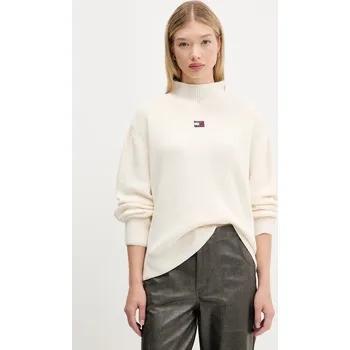 Dámský svetr Bavlněný svetr Tommy Jeans dámský, béžová barva, s pologolfem, DW0DW21676 01X, vel. S