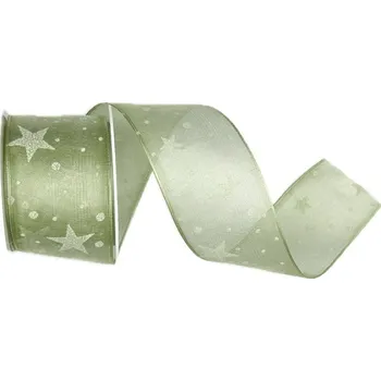 Stuha Stuha vánoční FROSTED STARLIGHT GREEN zelená 40mm x 2m (15,-Kč/m) (Stuha vánoční PREMIUM, organzová, zelená, stříbrný glitrový efekt, s vlascem v lemu)