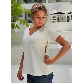 Těhotenské a kojicí tričko Walis – smetanově bílé ecru, oboustranné, bavlna, krátký rukáv Velikost: M