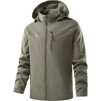 Pánská větrovka Pánská nepromokavá softshellová bunda s kapucí Větruodolná turistická bunda s kapsami Outdoor bunda na jaro a podzim na zip khaki M