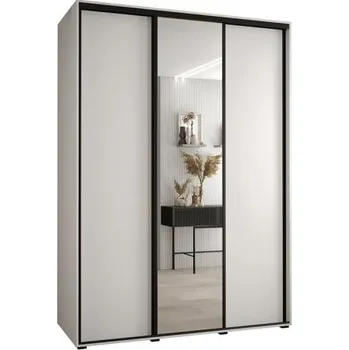 Šatní skříň Šatní skříň s posuvnými dveřmi a zrcadlem DAVOS 170 cm | Bílá / černé pojezdy