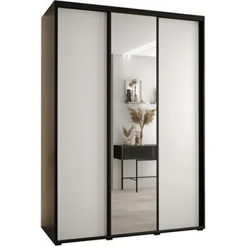 Šatní skříň Šatní skříň s posuvnými dveřmi a zrcadlem DAVOS 170cm | Černá / bílá / černé pojezdy