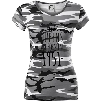 Dámské tričko Queens are born in 1951 - Dámské maskáčové triko - XL ( Šedý maskáč )