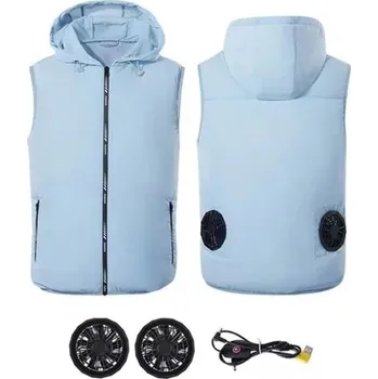Pánská vesta Pánská větraná vesta s kapucí Vesta s klimatizací 2x 9 cm bezkartáčový ventilátor USB napájení Letní pracovní outdoor vesta pro muže modrá XXS