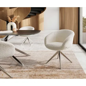 Jídelní židle DELIFE Jídelní židle Vinka-Flex s područkami bouclé bílá široká křížová podnož nerezová ocel 360° otočná taštičkové pružiny