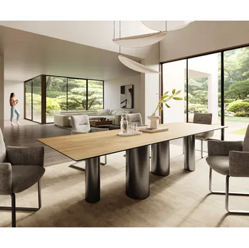 Jídelní stůl DELIFE Jídelní stůl Edge 300x100 keramika Laminam® Sabbia dubová barva podnož nerezová ocel grafitová