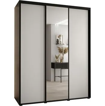 Šatní skříň Šatní skříň s posuvnými dveřmi a zrcadlem DAVOS 200cm | Černá / bílá / černé pojezdy