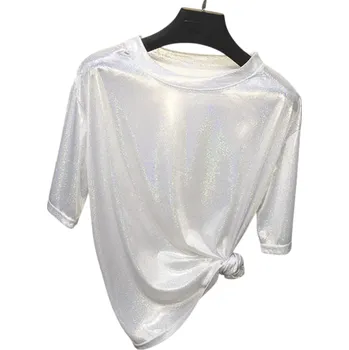 Dámské tričko Dámské třpytivé tričko s krátkým rukávem Volnější střih Lesklý top s kulatým výstřihem Módní tričko na večírek i každodenní nošení bílá