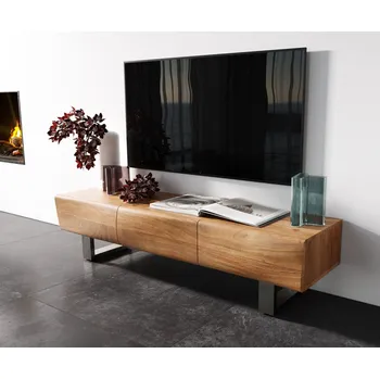 Televizní stolek DELIFE TV stolek New Live-Edge 145 cm akácie přírodní 3 dvířka tenká podnož nerezová ocel kartáčovaná