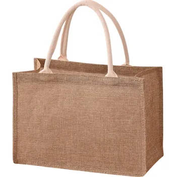 Nákupní taška Nákupní taška 32 x 22 x 15 cm Polyesterová taška s jutovým vzhledem Bavlněná ucha Malá taška do ruky na dárky a nákupy