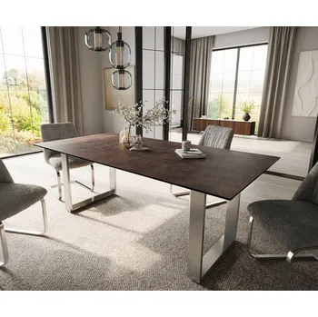 Jídelní stůl DELIFE Jídelní stůl Edge 200x100 sklo hnědá vintage nerezová ocel úzký